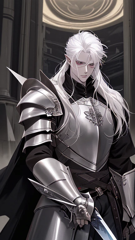 white hair, long hair, messy hair, pointy ears, cinematic lighting, cowboy shot, high details, best quality, super detail, highres, masterpiece, Albino man, knight, black armor, shiny black sword, giant sword, Pale skin, fantasy world dweller, sub-human, demigod, 28-year-old male, Beautiful, handsome, smart