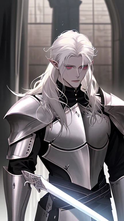 white hair, long hair, messy hair, pointy ears, cinematic lighting, cowboy shot, high details, best quality, super detail, highres, masterpiece, Albino man, knight, black armor, shiny black sword, giant sword, Pale skin, fantasy world dweller, sub-human, demigod, 28-year-old male, Beautiful, handsome, smart