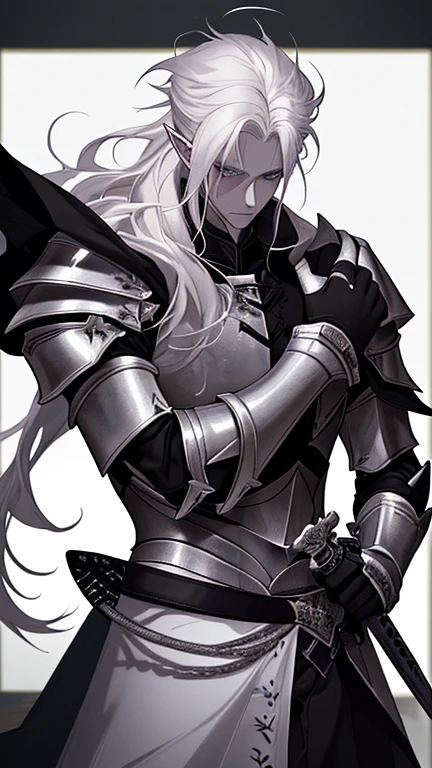 white hair, long hair, messy hair, pointy ears, cinematic lighting, cowboy shot, high details, best quality, super detail, highres, masterpiece, Albino man, knight, black armor, shiny black sword, giant sword, Pale skin, fantasy world dweller, sub-human, demigod, 28-year-old male, Beautiful, handsome, smart