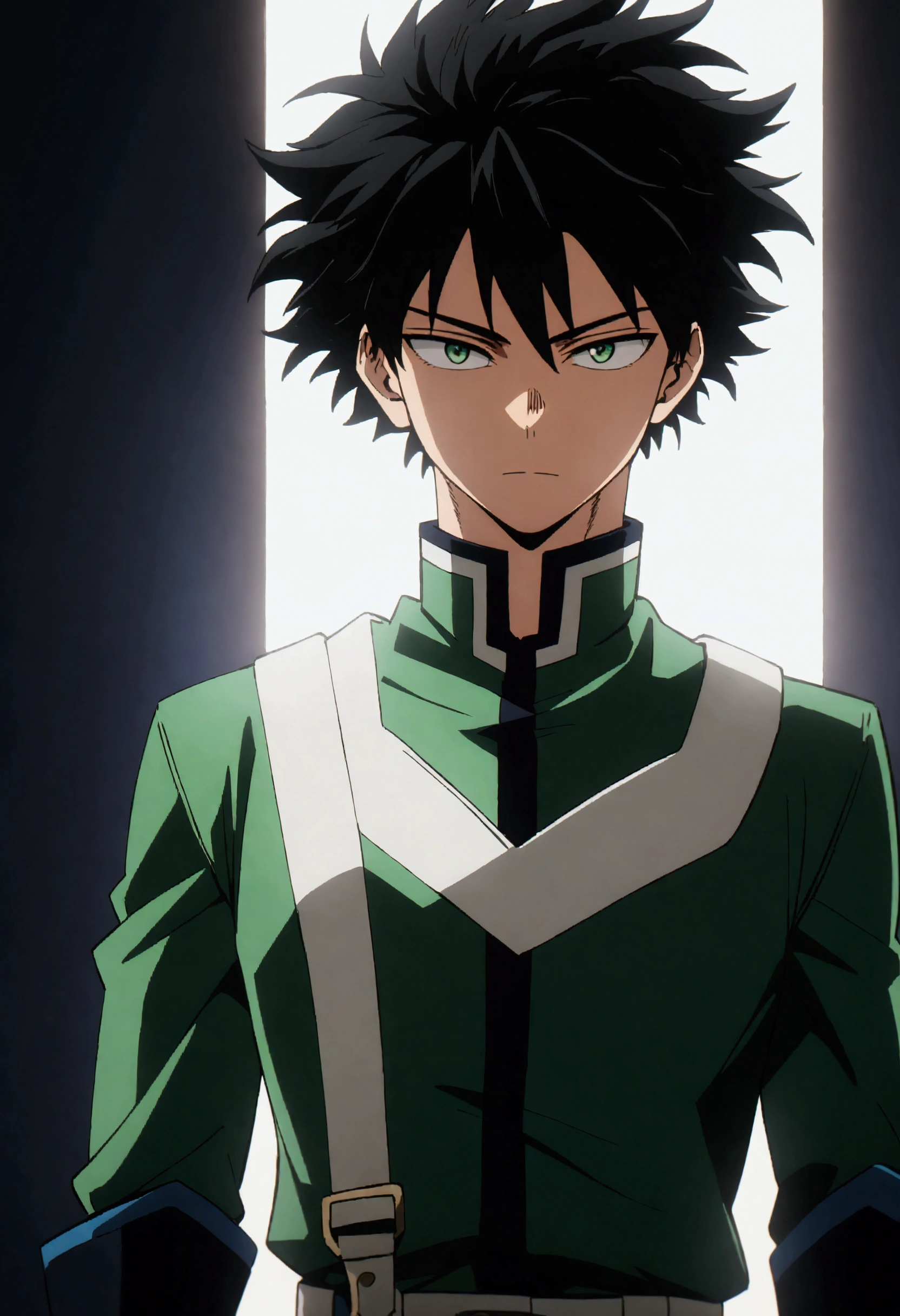 He is a 16 year old ager, He has slightly disheveled very black hair..., somewhat light green eyes, , muscular body , anime art slyle my hero academy , (face to viwer), sexy face, He is dressed in the anime male uniform "my hero academia", , 8k, high quality, masterpiece, , cinematic, vivid colors, shining green eyes