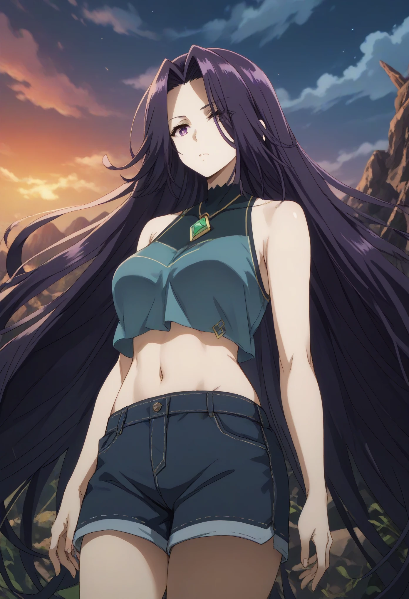 aurora,tall woman, long hair, purple hair, very long hair, purple eyes,shorts,top-tank,navel,midriff
