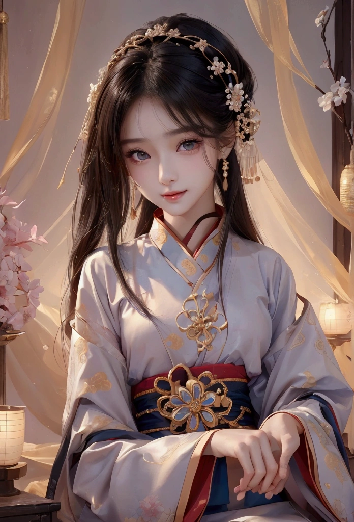 Best image quality、8k、masterpiece：1.3))、Realistic high-quality photos、Highest quality、 Beautiful face、Photos of slim models、Beautiful girl model、Young and pretty face、Beautiful model girl、A lovely and delicate face、Black Hair、Beautiful brown eyes、Young Body、Hanfu, (emphasize)、from the front、Camera gaze,、Anatomically correct、胸の谷間をemphasize、whole body、13-year-old female model、smile、Japanese women