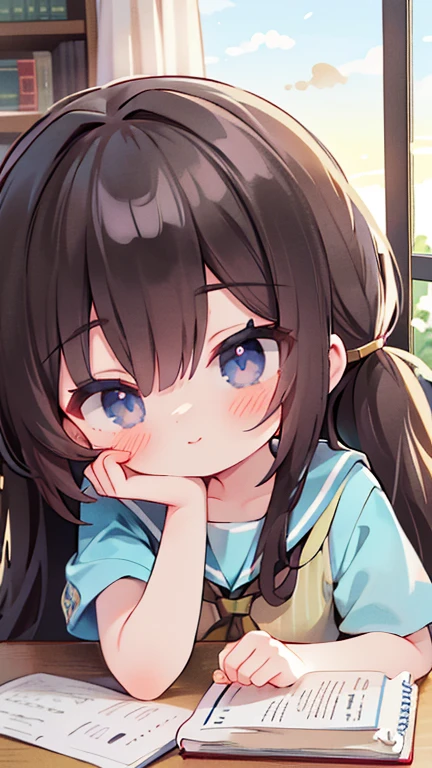 bangs, long hair, hair over eyes, pensive, side ponytail, anime style, UHD, masterpiece, textured skin, highres, best quality, A high school girl rests her chin on her desk while opening a notebook in the library, In the evening, the setting sun is shining through the window