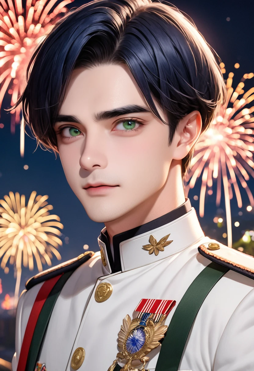One man, short dark blue hair and eyebrows, parting of bangs above the left eye, dark green eyes, white military uniform, fireworks