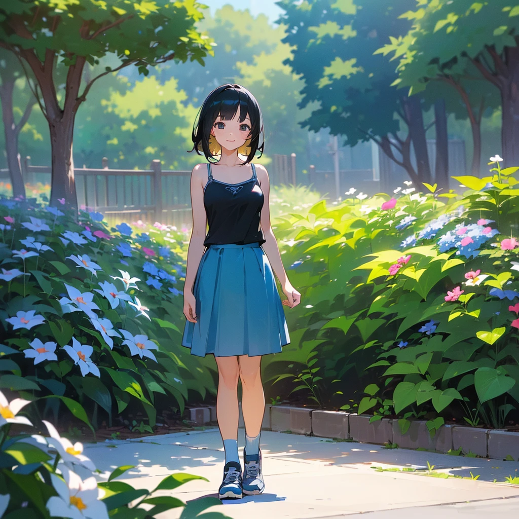(high quality, High resolution, Very detailed, reality:1.37), Peaceful atmosphere, (Outdoor, garden), Teenage girl standing alone, (my breasts are big.), Beautiful details, Cute Smile, (Black bob hair), camisole, Blue Skirt, Blue socks, sneakers.