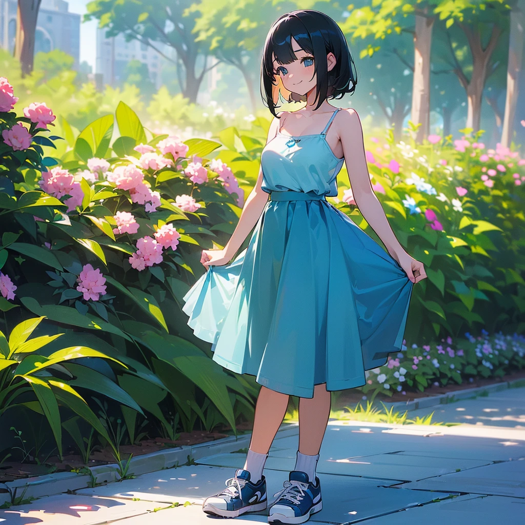 (high quality, High resolution, Very detailed, reality:1.37), Peaceful atmosphere, (Outdoor, garden), age girl standing alone, (my breasts are big.), Beautiful details, Cute Smile, (Black bob hair), camisole, Blue Skirt, Blue socks, sneakers.