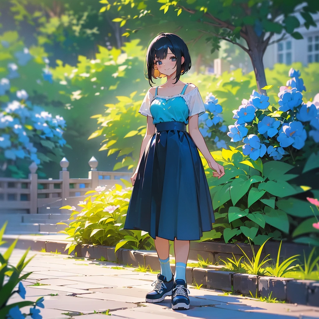 (high quality, High resolution, Very detailed, reality:1.37), Peaceful atmosphere, (Outdoor, garden),  girl standing alone, (my breasts are big.), Beautiful details, Cute Smile, (Black bob hair), camisole, Blue Skirt, Blue socks, sneakers.