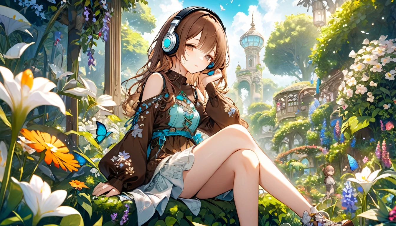 Brown-haired girl wearing headphones、Dreaming Garden - Highly detailed、masterpiece, Highest quality, Bright - with a beautiful garden as a backdrop、Dreamy look、Fantasy style attire、flower々Sitting surrounded by
(Detailed fingers), (Emotional), (Breathtakingly beautiful), (main part:1.2 Whole body), (Anime Style), (Very detailed), (超High resolution, High resolution), (8k), (Complex and beautiful: 1.2)