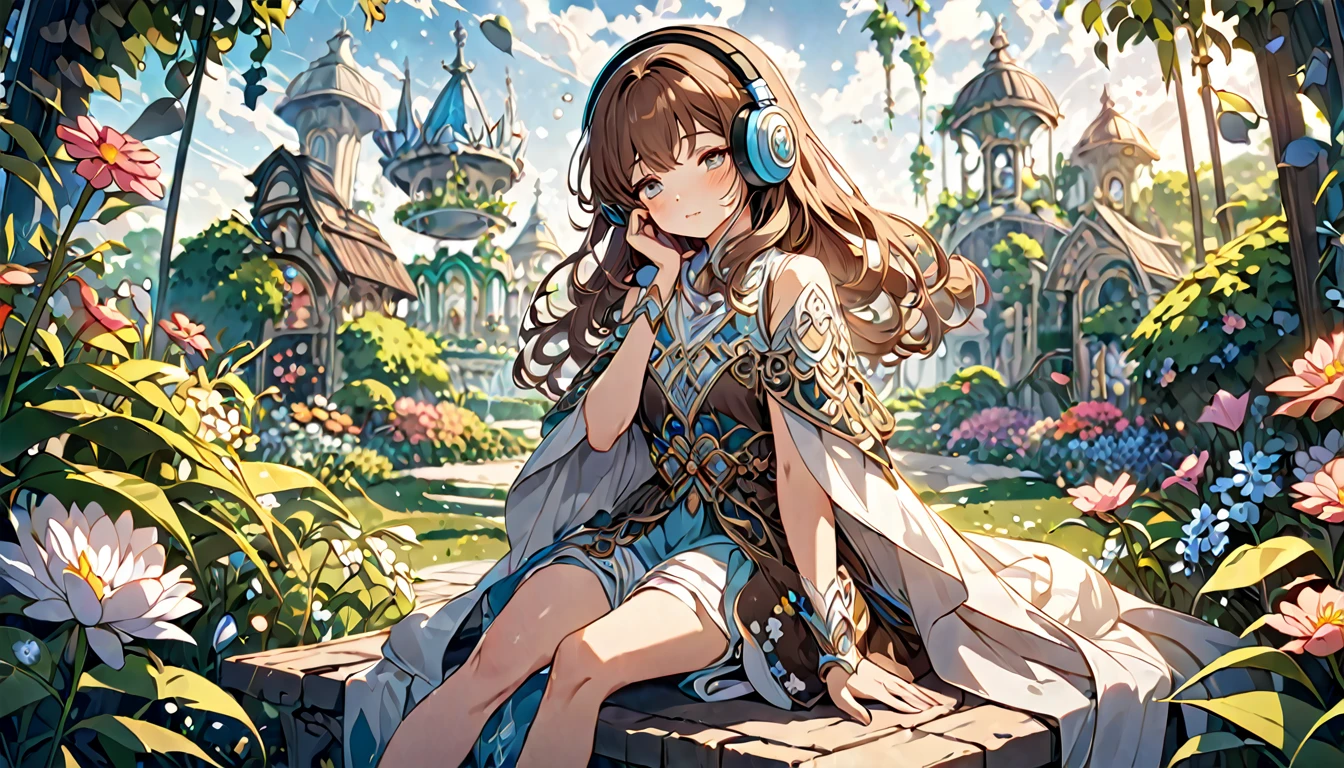 Brown-haired girl wearing headphones、Dreaming Garden - Highly detailed、masterpiece, Highest quality, Bright - with a beautiful garden as a backdrop、Dreamy look、Fantasy style attire、flower々Sitting surrounded by
(Detailed fingers), (Emotional), (Breathtakingly beautiful), (main part:1.2 Whole body), (Anime Style), (Very detailed), (超High resolution, High resolution), (8k), (Complex and beautiful: 1.2)
