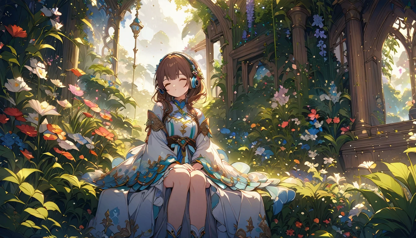 Brown-haired girl wearing headphones、Dreaming Garden - Highly detailed、masterpiece, Highest quality, Bright - with a beautiful garden as a backdrop、Dreamy look、Fantasy style attire、flower々Sitting surrounded by
(Detailed fingers), (Emotional), (Breathtakingly beautiful), (main part:1.2 Whole body), (Anime Style), (Very detailed), (超High resolution, High resolution), (8k), (Complex and beautiful: 1.2)