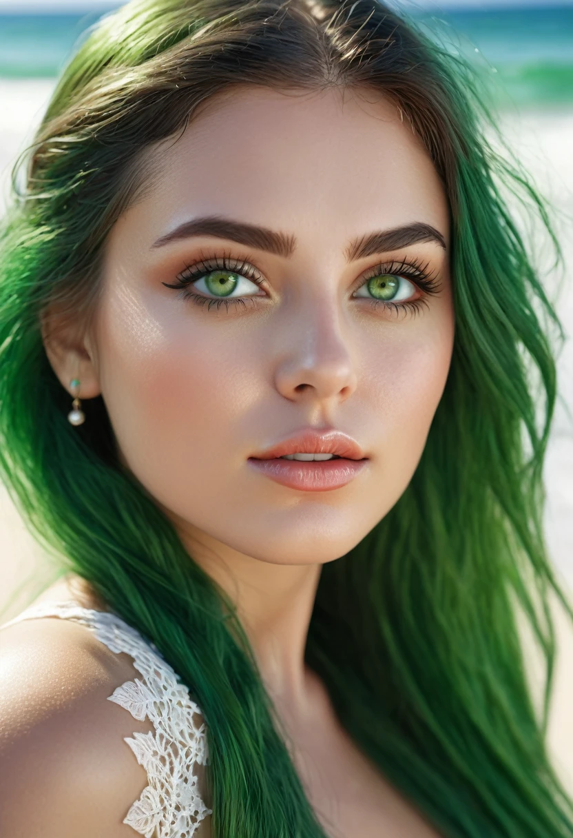 (best quality, 4k, 8k, high resolution, masterpiece: 1.2), ultra-detailed, (realistic, photorealistic, photorealistic: 1.37), beautiful detailed eyes, beautiful detailed lips, extremely detailed face, long eyelashes, medium : May beach, loose Green hair, green eyes shining intensely, voluptuous body, fine lace details, beach, subtle sunlight