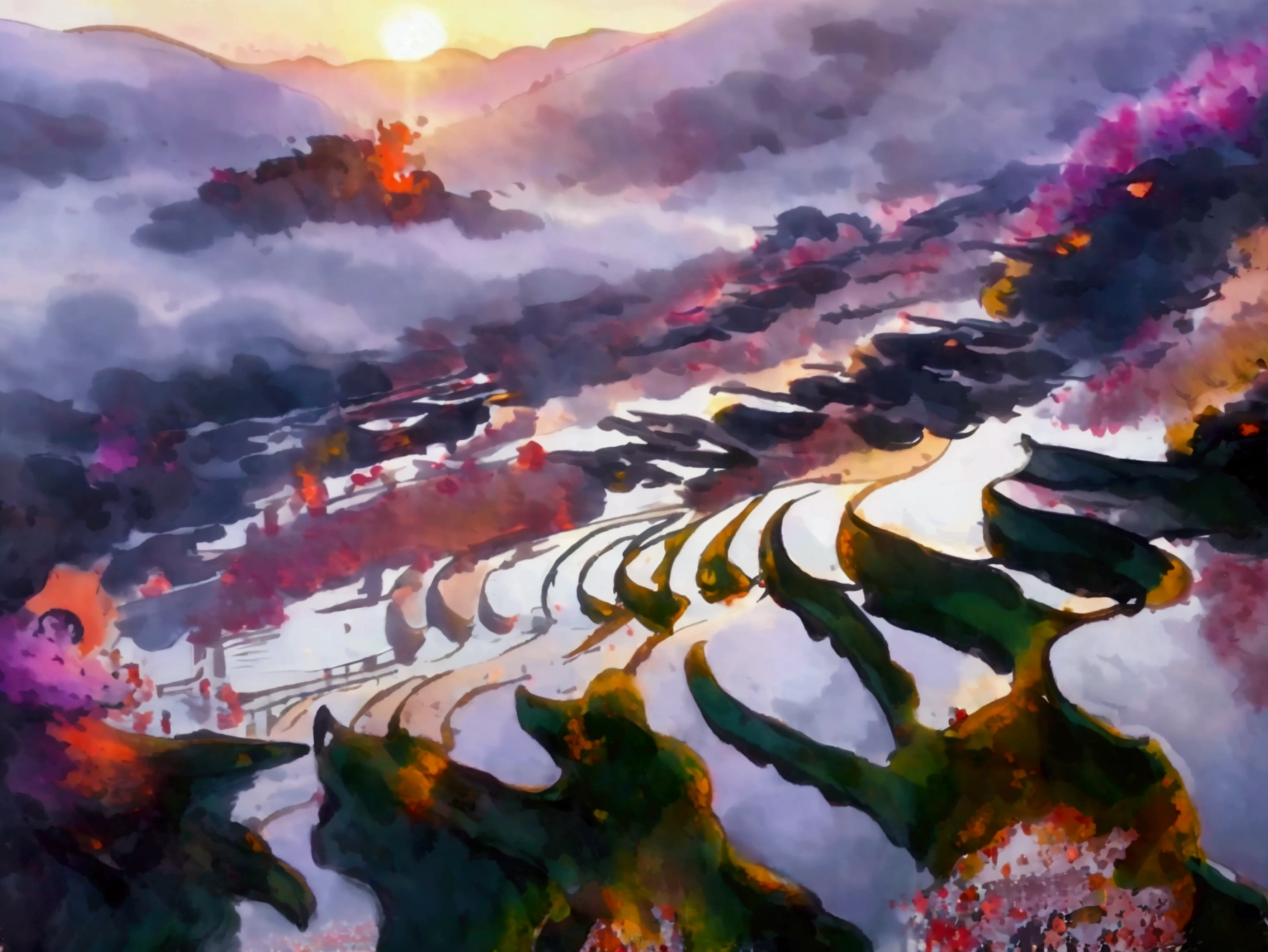 Chinese landscape photography，In the early morning mist，Terraced fields around Yunnan，The white terraces，In the style of charming photos，colorful installations，Spectacular，Beautiful terraces，Layers of water，The orange sunlight at sunrise is reflected on the terraced fields，National Geographic Photo，Alex Webber&#39;s photo，Unique style，The composition is complex，Colorful Dreams，Description of rural life，Light purple，Shot by DJI，Ultra-detailed, ultra-quality，32k uHD,  HD
