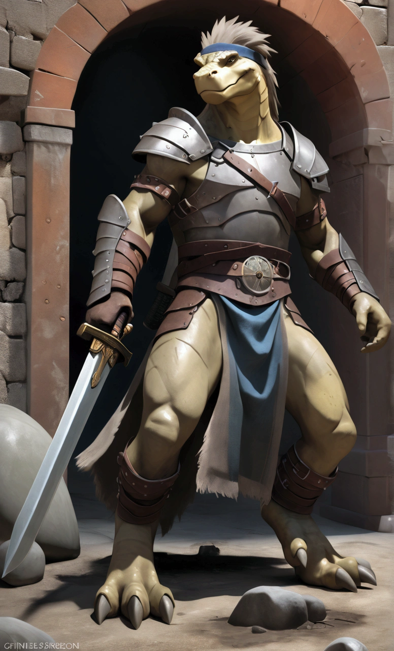 Solo Sexy anthro furry Reptile Scalie Dragon male; ancient Mediterranean desert warrior; slim mesomorph handsome model apperance apperance; headband; sexy toned muscules; sword scars; worn out rusty sexy skimpy armament. He has low on hips heavy leather studded heavy belt. he has very old worn out jockstrap (smelly jockstrap fetish); His jockstrap it is made of old white linen material sewn together from a few pieces, it has never been washed, it is dirty and has stains from secretions of dried semen and sweat; His armor is old heavy brown harness with armlets studded with spikes; rusty old skimpy heavy breatsplate armor; he has old brown leather BFR Bands on Biceps and his thighs, he has old worn out fingerless leather gloves. His armor is in ruin, it is very very old and dirty, rusted, dirty, old worn out, rusty heavy skimpy breastplate. Even though he is a handsome and sexy man, he has a sloppy appearance, has disheveled unwashed dirty fur, dirty body look. he smells, he has stains from old blood, dirst, cum, mud, smelly husk skin, disgusting bastard looking. He stands proudly bravely in the Mediterranean sunny pine forest background; He stands proudly bravely in the Mediterranean sunny pine forest; he stands upright, furious, with his sword raised in a ready-to-fight position, he holds a sword in his right paw, ready for incoming fight; he has a proud, threatening and defiant expression on his face, with little dirty dangerous smile,