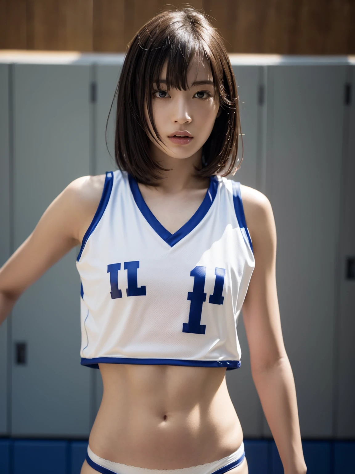 (masterpiece,top-quality,超A high resolution),A Japanese Lady, (((Very beautiful 12 year old girl))), Kawaii Girl、View photographer、Front view, ((Shorthair)), hyper cute face, Glossy lips, Double eyelids in both eyes,Smiling smile、 Natural makeup, long eyelashes, Glossy and smooth hair quality、central image, Perfect limbs, Perfect Anatomy,(((Silk Basketball Uniform)))、(((Wet and see-through with sweat)))Full body reflection,Show the armpits,