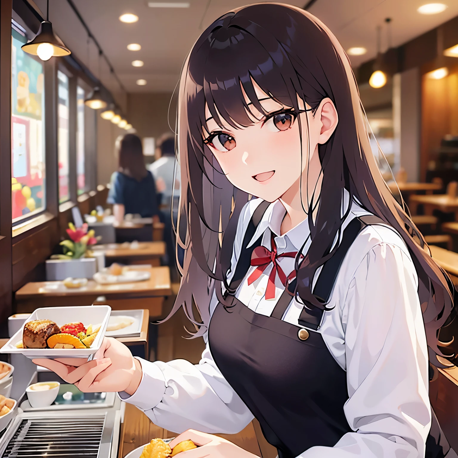 (looking at viewer:1.5),Upper Body,
Realistic, real person, (pale skin: 1.2), RAW photo, photorealistic, shiny skin, shiny hair、
(A 25-year-old woman with medium-length hair and bangs) and (wavy hair) and (brown hair) and (orange eyes) 、
smile,open mouth, Wearing a white long-sleeved shirt 、apron、The background is inside the restaurant