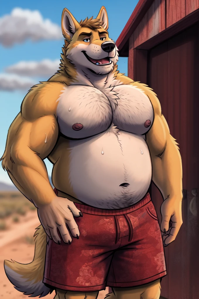 highest res, dingo, anthro, 4 fingers, male in early 40's, chubby, chubby anthro, chubby male, tail, standing outside in most realistic detailed accurate backyard of most realistic detailed accurate single story rural australian country house in australian outback, most realistic detailed accurate blurred background, by dramamine, by nanoff, by minedoo, by dream_and_nightmare, by horrorbuns, short detailed multi tone dingo fur, full body view, most realistic most detailed dingo fur pattern colors and markings, most  most tough and manly serious face, most tough and manly cool serious pose, frontal view, front facing view, australian, bogan, scruffy, average height most fat and chubby most sexy stocky muscular body, dad bod, daddy, dilf, open mouth, showing teeth, most detailed medium sized nipples nipple tips and areolas, open eyes, detailed dark pupils, summer, nude male, best quality, masterpiece, perked up ears, no body hair, facing viewer, without text, outdoors, closeup, most detailed huge pecs and moobs, most detailed medium sized belly, belly overhang, most tough and manly, bottomwear, wearing most detailed very old worn out most tough and manly plain shorts, most realistic perfect body proportions, perfect ???????, most detailed dingo teeth, most detailed deep navel, most detailed very short dingo hair, most short most tough and manly mature hairstyle, sweaty fur, an14, best ergonomics, e621,
