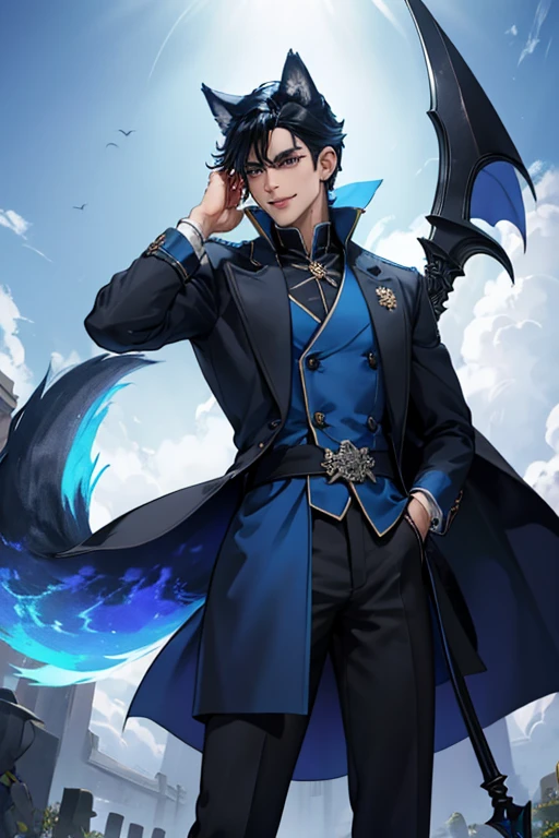 Perfect face. Perfect hands. Perfect blue wolf ears. Perfect blue wolf tail. A handsome black haired man with blue wolf ears and a blue tail in a long coat is a spinning blue scythe is smiling in the cemetery.
