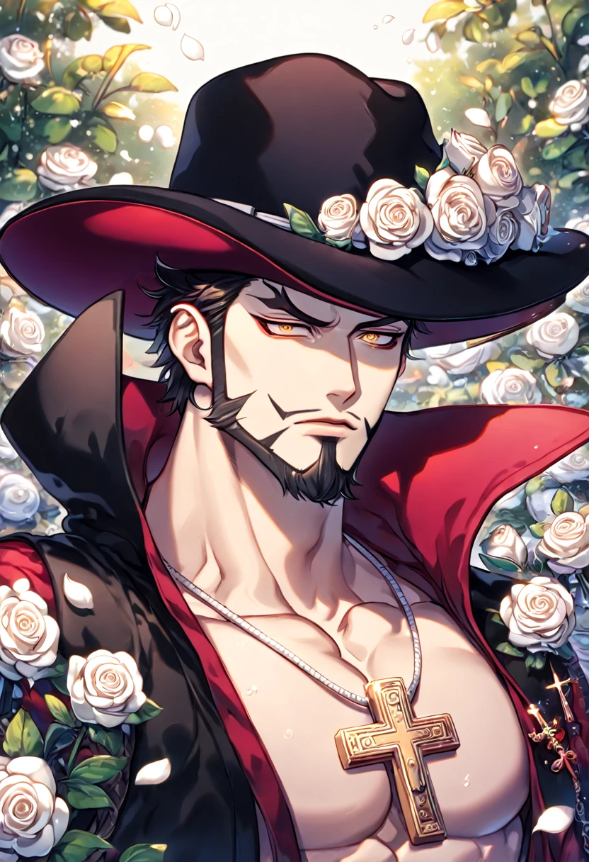Ultra detailed, Highres, absurdres, HDR, master piece, best quality, Dracule Mihawk, black hair, expressive yellow eyes, beard, black coat with red sleeves, One Piece, sexy man, white petals, white roses, garden, handsome, sensual, crucifix pendant, wide-brimmed black hat, close up, fantasy, magical,