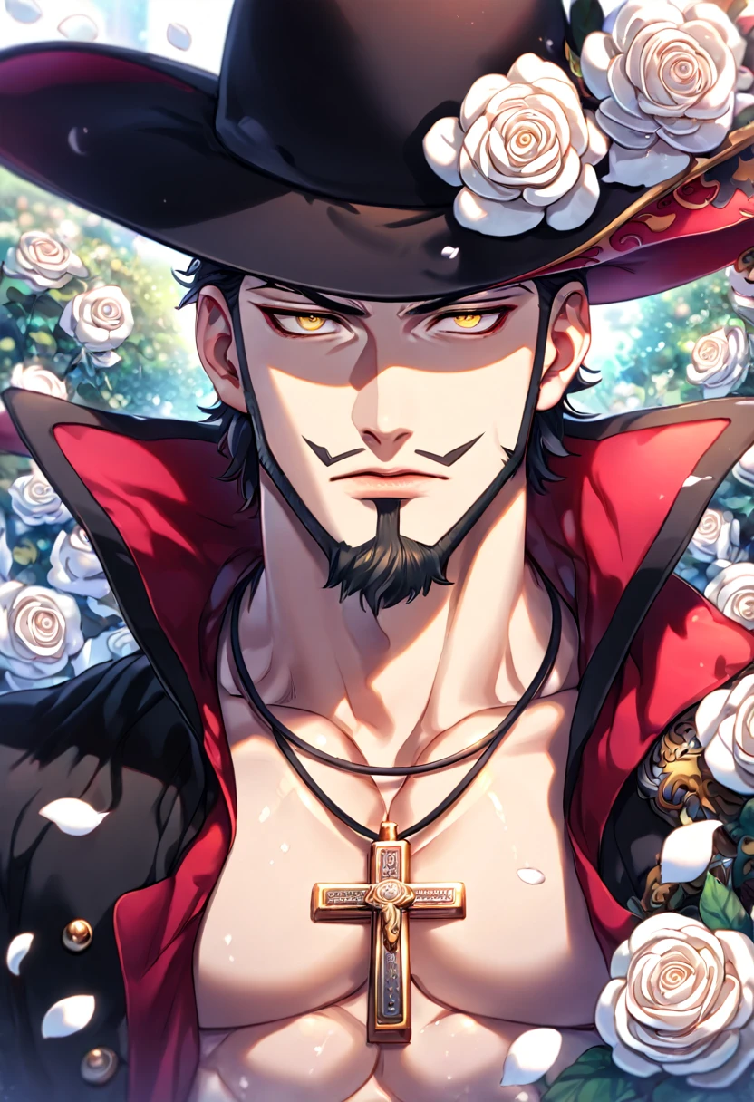 Ultra detailed, Highres, absurdres, HDR, master piece, best quality, Dracule Mihawk, black hair, expressive yellow eyes, beard, black coat with red sleeves, One Piece, sexy man, white petals, white roses, garden, handsome, sensual, crucifix pendant, wide-brimmed black hat, close up, fantasy, magical, 