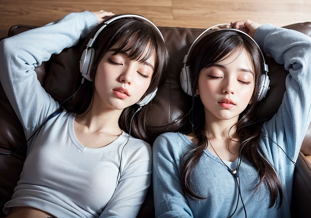 A beautiful girl sleeping at night listening to music in headphones