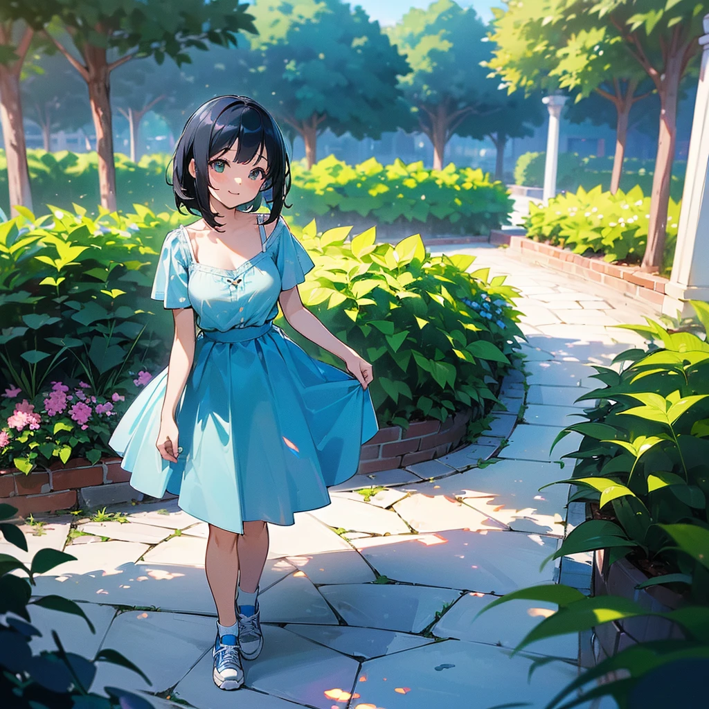 (high quality, High resolution, Very detailed, reality:1.37), Peaceful atmosphere, (Outdoor, garden), Teenage girl standing alone, (my breasts are big.), Beautiful details, Cute Smile, (Black bob hair), camisole, Blue Skirt, Blue socks, sneakers.
