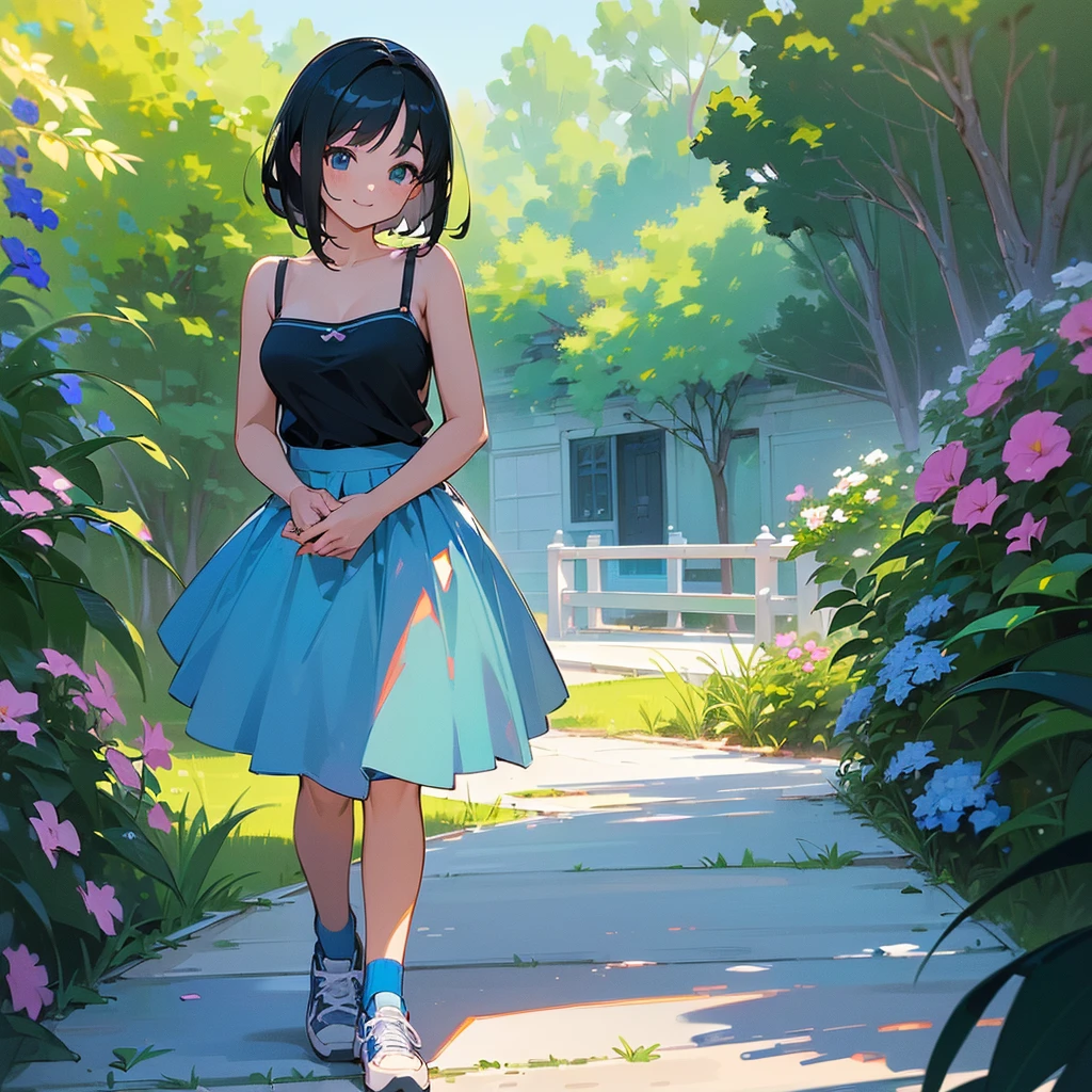 (high quality, High resolution, Very detailed, reality:1.37), Peaceful atmosphere, (Outdoor, garden), Teenage girl standing alone, (my breasts are big.), Beautiful details, Cute Smile, (Black bob hair), camisole, Blue Skirt, Blue socks, sneakers.