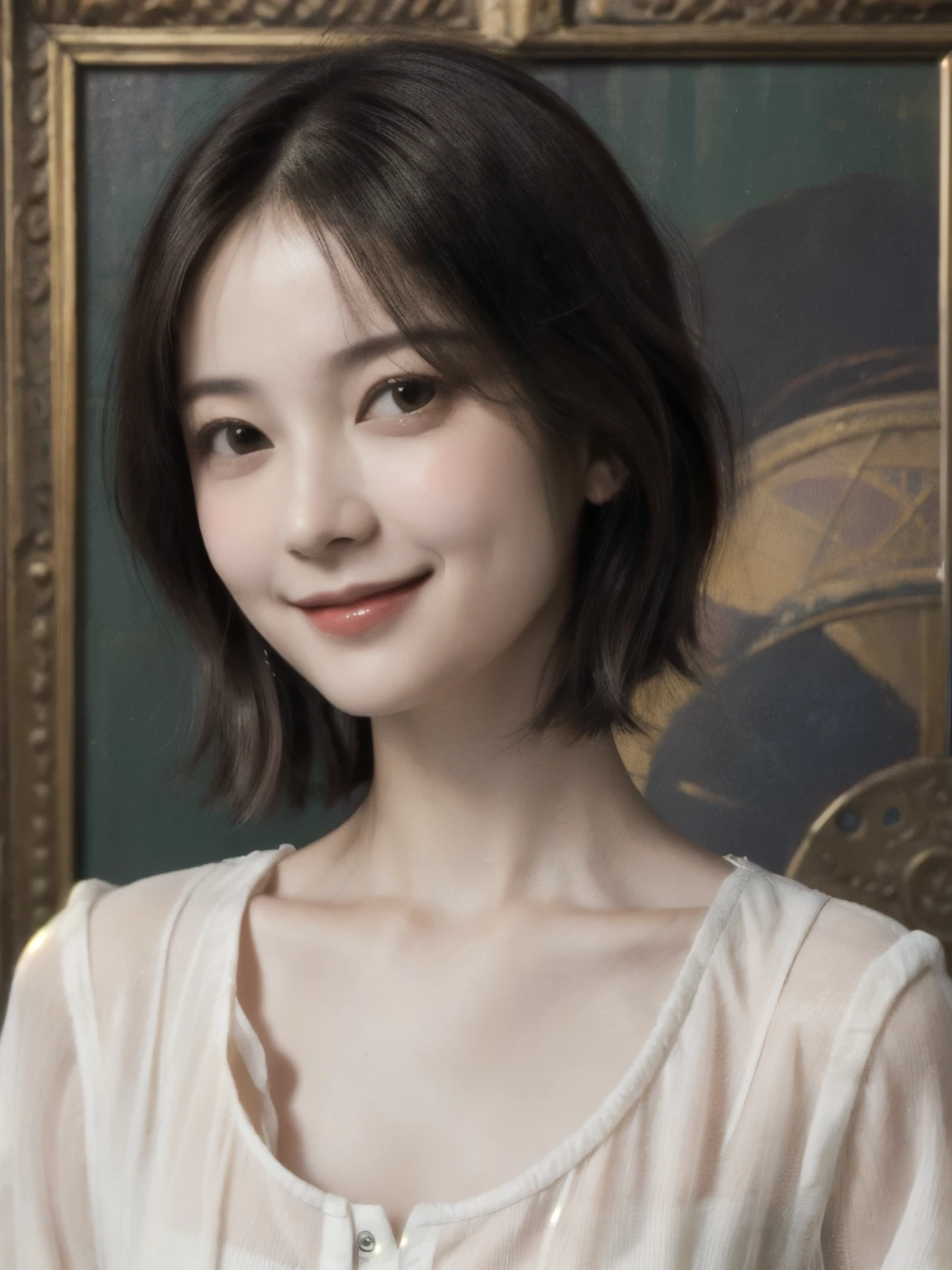 262 20-year-old female,(Short Hair 46),(Genuine,chest:1.5),Old-fashioned smile,(Paintings by Leonardo da Vinci),flower