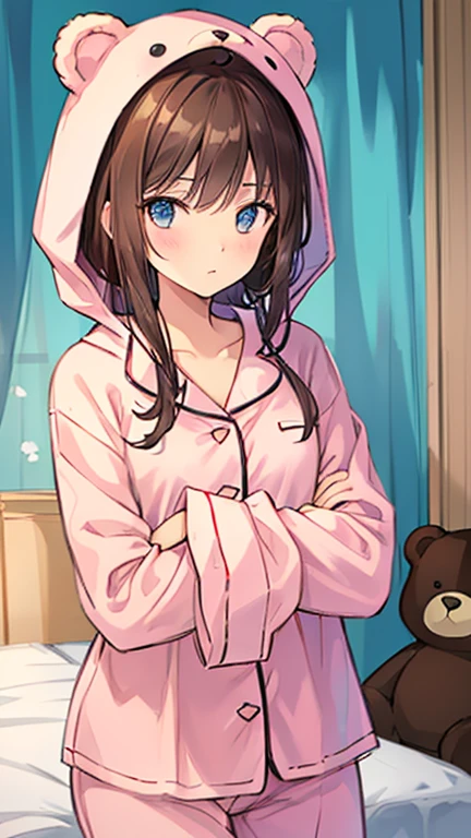 brown hair, (animal hood, bear ears), fake animal ears, textured skin, high details, high quality, best quality, masterpiece, Girl wearing a bear costume, ((bear costume style pajamas)), bedroom, stuffed animal