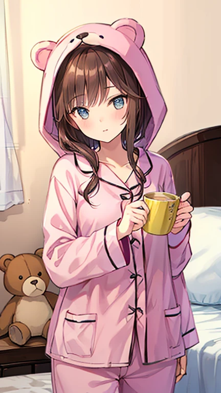 brown hair, (animal hood, bear ears), fake animal ears, textured skin, high details, high quality, best quality, masterpiece, Girl wearing a bear costume, ((bear costume style pajamas)), bedroom, stuffed animal