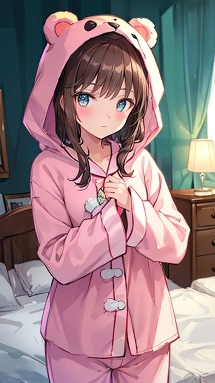 brown hair, (animal hood, bear ears), fake animal ears, textured skin, high details, high quality, best quality, masterpiece, Girl wearing a bear costume, ((bear costume style pajamas)), bedroom, stuffed animal