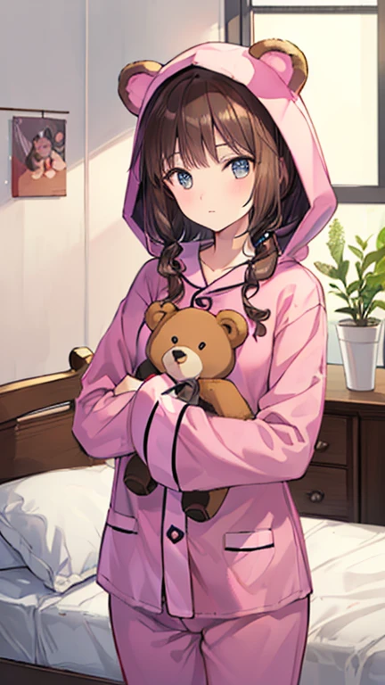 brown hair, (animal hood, bear ears), fake animal ears, textured skin, high details, high quality, best quality, masterpiece, Girl wearing a bear costume, ((bear costume style pajamas)), bedroom, stuffed animal