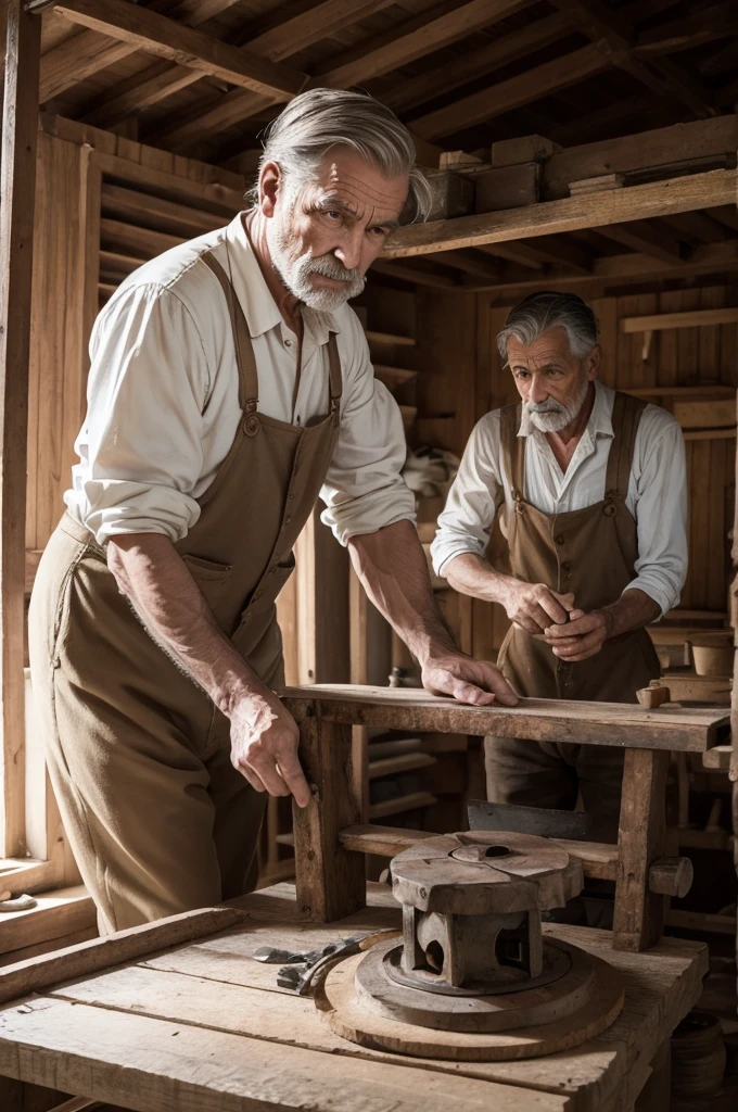 Um homem de 50 anos, carpenter, simple 1920s clothing. Working to repair an old wheel mill.