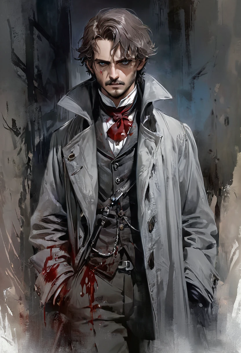 Realistic Digital Painting with Concept Art Elements"," digital painting," "concept art," "realistic," "high detail", "high-res", "ominous aura,", "8k resolution", "oil painting", "darker tone" , "little saturation" ,"dark feeling", "dirty art-style", "concept art" , "detailed features" , "detailed eyes" "1man" , "jack the ripper" , "19th centaury London" , "attractive" , "covered in blood" , "handsome" , "hook in hand" , "full body"