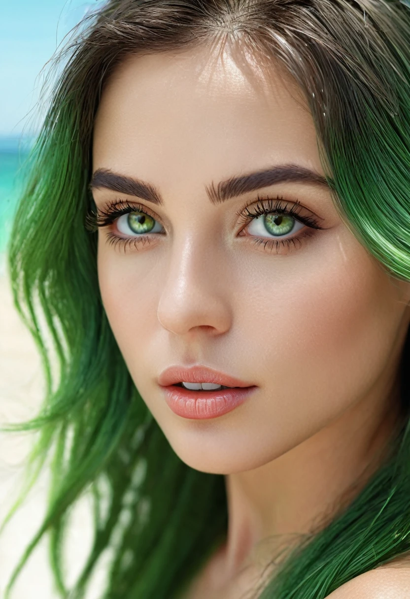 (best quality, 4k, 8k, high resolution, masterpiece: 1.2), ultra-detailed, (realistic, photorealistic, photorealistic: 1.37), beautiful detailed eyes, beautiful detailed lips, extremely detailed face, long eyelashes, medium : May beach, loose Green hair, green eyes shining intensely, beach, subtle sunlight