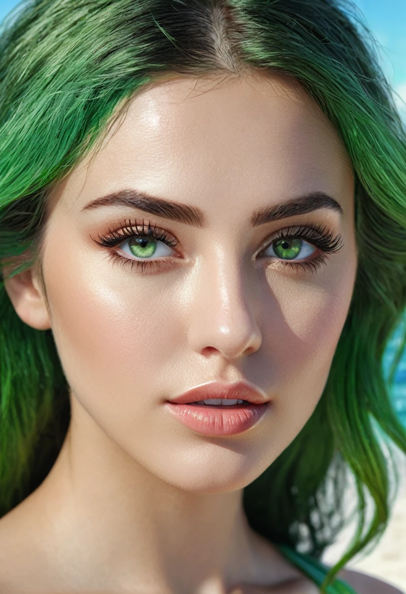 (best quality, 4k, 8k, high resolution, masterpiece: 1.2), ultra-detailed, (realistic, photorealistic, photorealistic: 1.37), beautiful detailed eyes, beautiful detailed lips, extremely detailed face, long eyelashes, medium : May beach, loose Green hair, green eyes shining intensely, beach, subtle sunlight