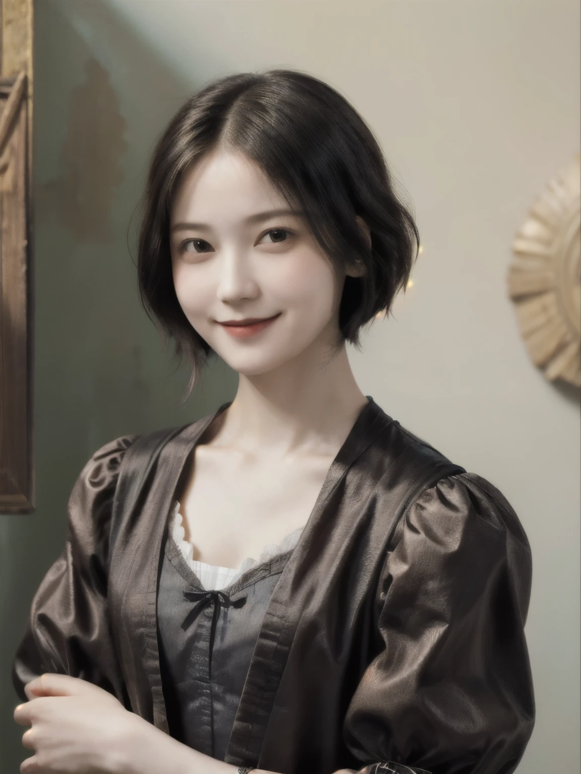 262 20-year-old female,(Short Hair 46),(Genuine,chest:1.5),Old-fashioned smile,(Paintings by Leonardo da Vinci),flower