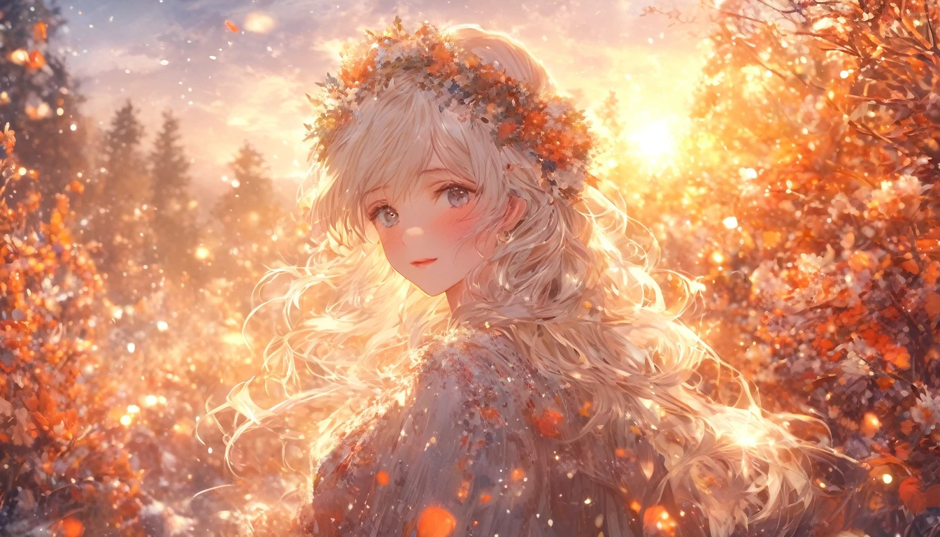 (masterpiece、8k、highest quality)、(Soft Light:1.3), Detailed face, Fine grain, dress, Beautiful digital artwork, landscape, Backlight, Lots of flowers, forest, Sparkling eyes, Winters, warm, warm light, White Hair Girl