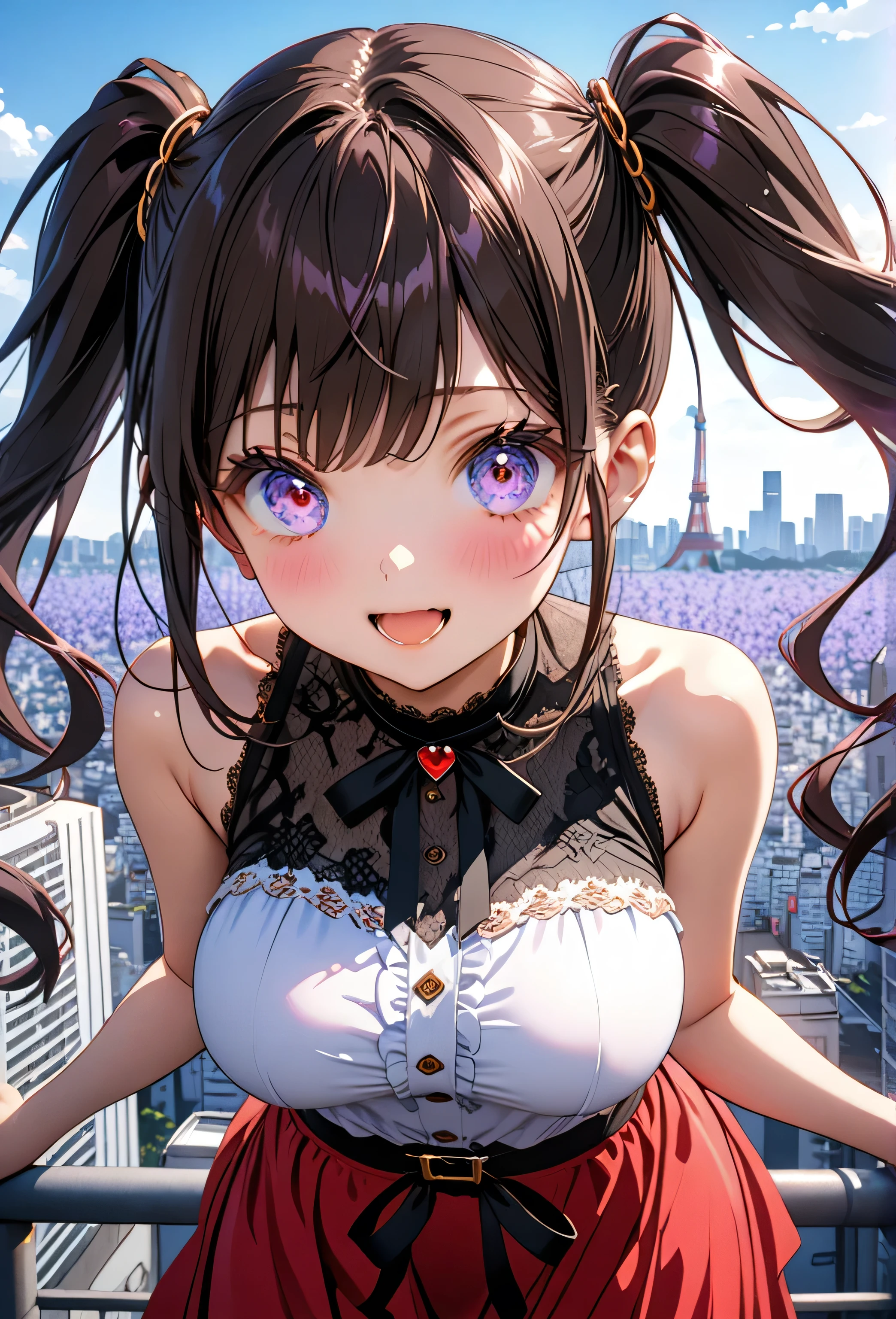 absurdres, ((Masterpiece)), ((best quality)), (((cowboy shot))), (Anime:1.4), (super detail:1.2), (High Definition:1.3), (Professional Photography:1.3), (❤️🖤💗💔), 1girl, older , Glossy hair, (loose bangs),BREAK, (((dark brown hair))), twintails, BREAK, ((gold hair ties)), long hair, BREAK, lavender eyes, ((almond eyes)), (long eyelashes), kind eyes, blush, ((large breasts)), open mouth, ribbon belt, joy, (cute ruffle lace black sleeveless top), bare arms, BREAK, ((long red sarong skirt)), ((best quality)), (colorful:1.3), (on a rooftop), tokyo cityscape, tokyo tower, 8K, gothic artstyle,