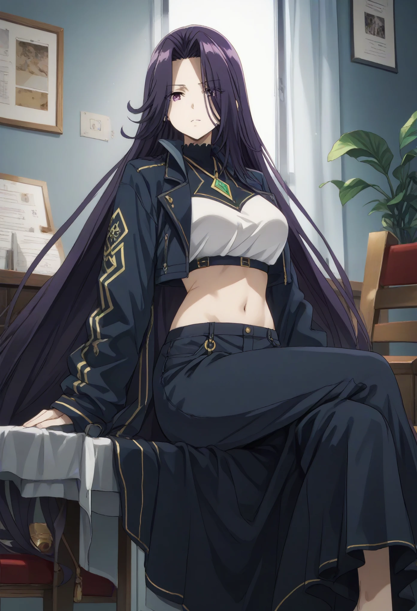 aurora,tall woman, long hair, purple hair, very long hair, purple eyes,navel,midriff,strait jacket,in the white room,sitting on the chair
