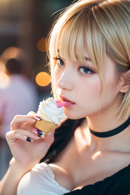 Attractive girl eating soft serve ice cream very seductively, View your viewers, Put your mouth to the soft serve ice cream, (Highest quality, High resolution, Realistic, born, 8k,masterpiece, ),(Audience-friendly)、Highest quality, masterpiece8k.High resolution. High resolutionabsurdres:1.2, Film Grain, Blurry bokeh:1.2, Lens flare, (Bright colors:1.2), (delicate), (Sensual)、Japanese、blonde、short hair、Black choker