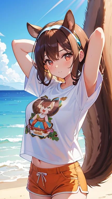 brown hair, curly hair, hairband, squirrel ears, small squirrel tail, Art Deco, sparkle, symmetry, pov, anatomically correct, textured skin, high details, best quality, super detail, ((printed t-shirt)), Hawaii, Waikiki Beach, blue sky, denim shorts