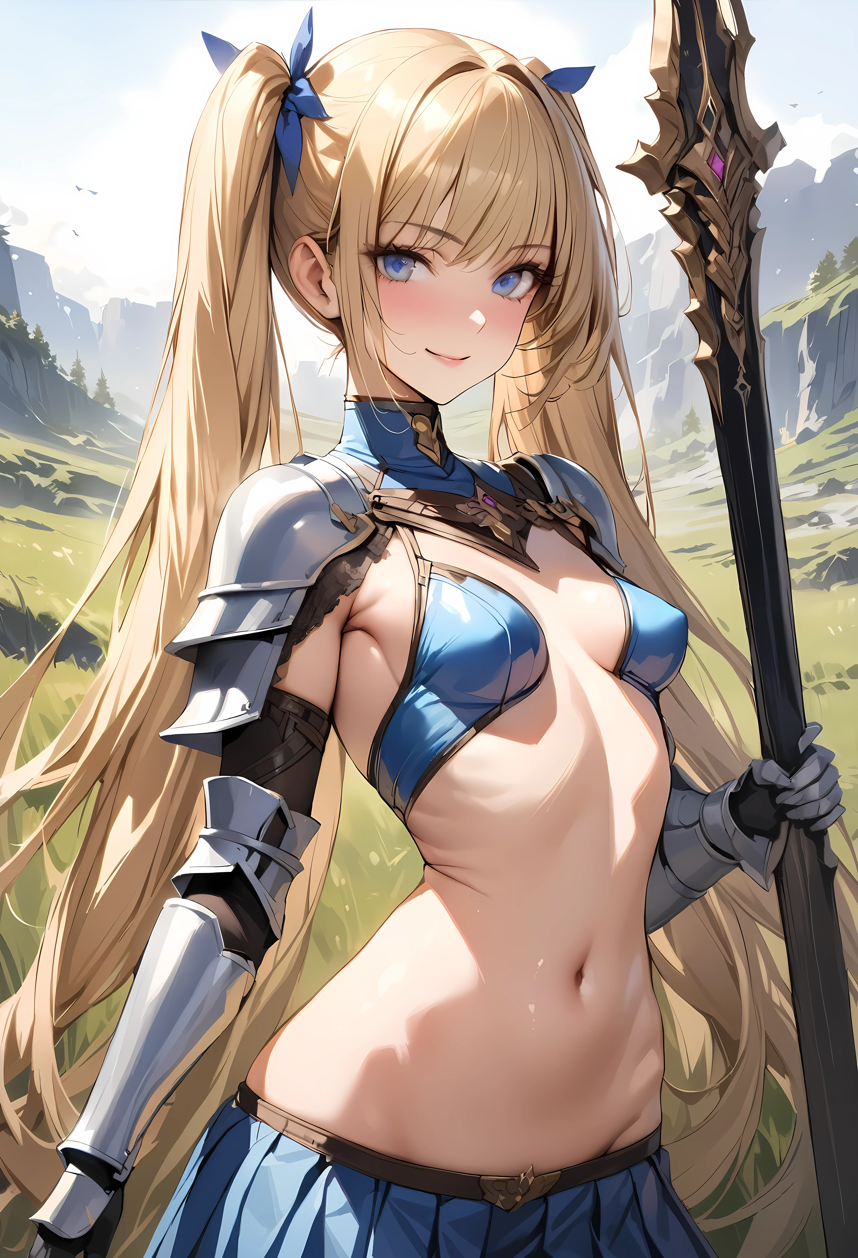 ((masterpiece,Highest quality:1.3,best quality illustration)),realistic,cowboy shot,1woman,female knight、(25 year old beauty),((very small head:1.4)),((ideal ratio body proportions:1.3)),blonde hair,twin tails,straight long hair,bangs,gorgeous eyes,Blue eyes,smile,(knight armor、Large sword、Blue pleated mini skirt),((slender body,skinny)),small breasts,gleaming skin,shiny skin,grassland、battlefield、Sword and sorcery fantasy world、