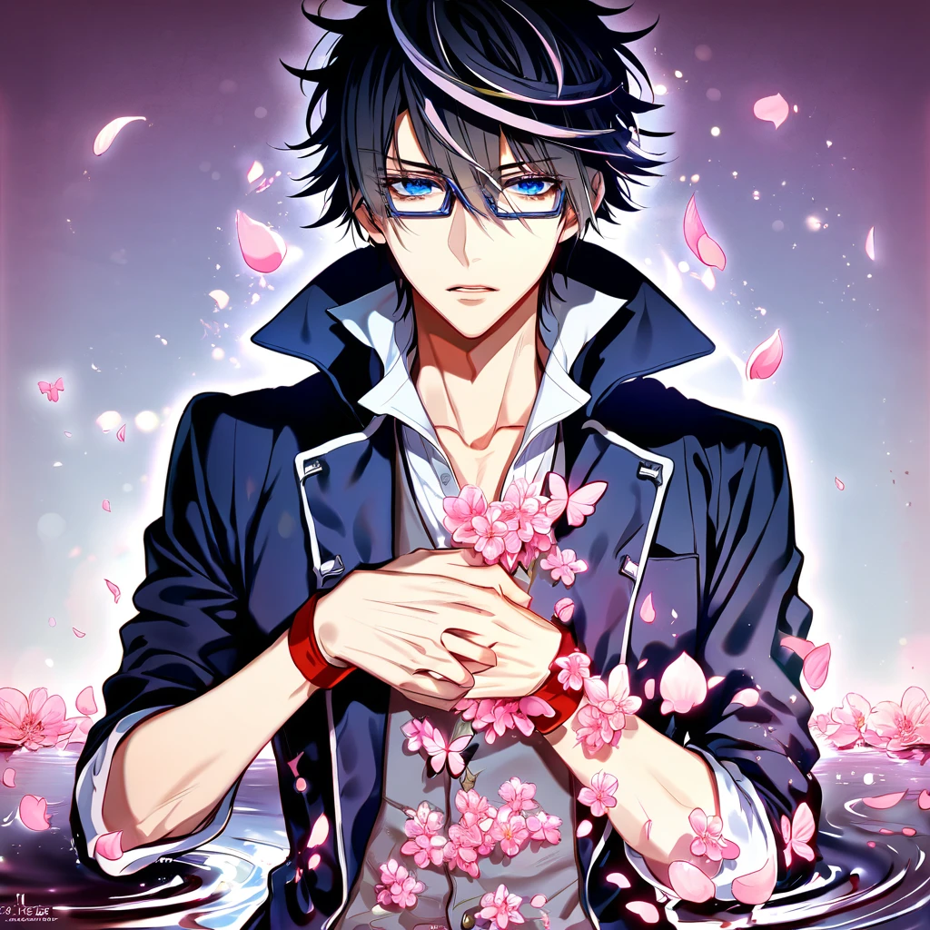 absurdres, highres, ultra detailed, HDR, master piece, best quality, Fushimi Saruhiko, messy hair, black hair, expressive blue eyes, K Project, rectangular-shaped glasses, military uniform, white shirt, gray vest, long blue overcoat, rolled up sleeves, purplish red wrist bands, solo, sexy man, handsome, fantasy, shining, water, pink flowers, pink blossoms, pink butterflies, pink petals