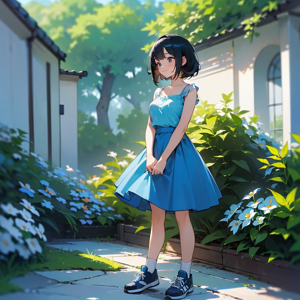 (high quality, High resolution, Very detailed, reality:1.37), Peaceful atmosphere, (Outdoor, garden),  girl standing alone, (my breasts are big.), Beautiful details, Cute Smile, (Black bob hair), camisole, Blue Skirt, Blue socks, sneakers.