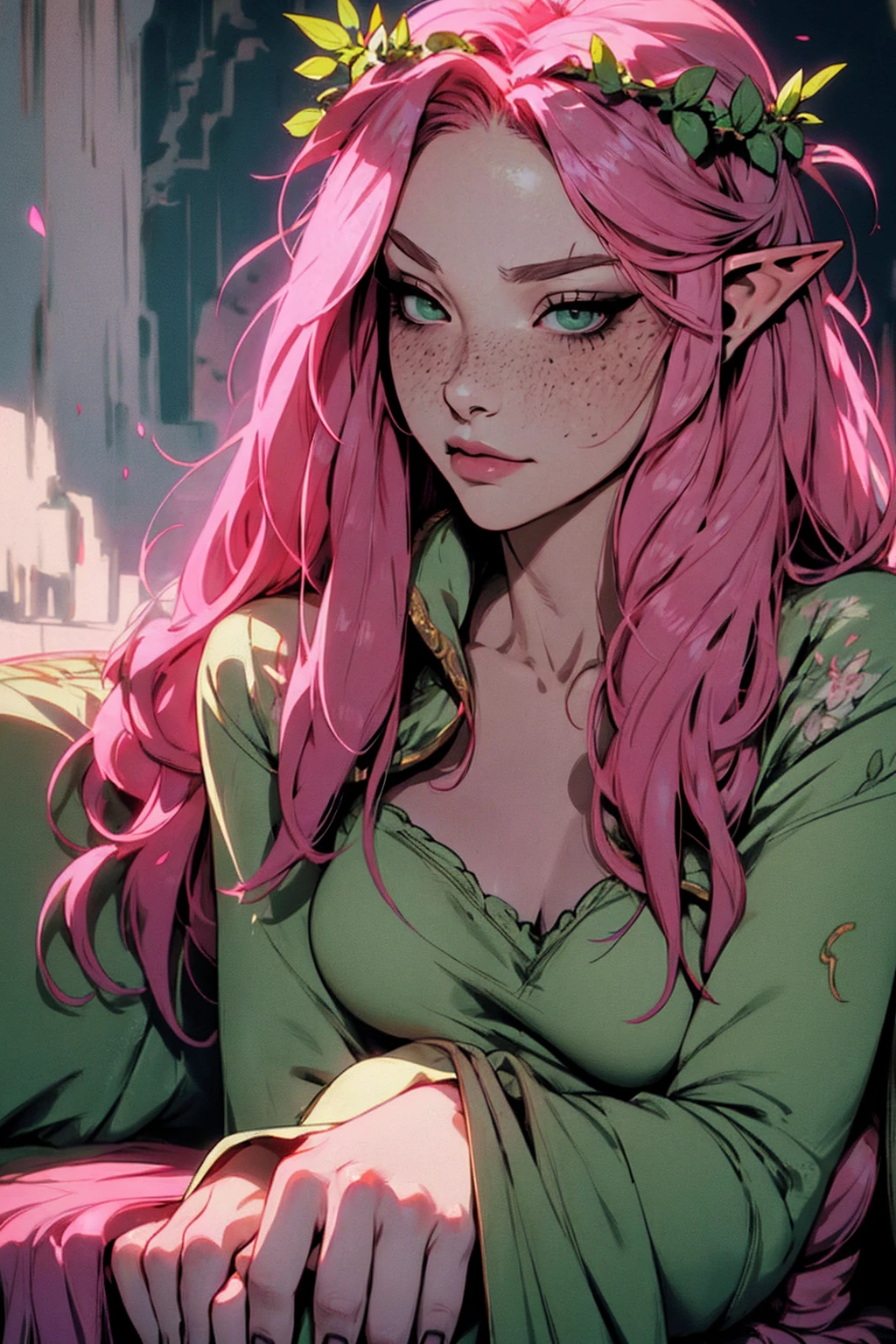 hyper-realistic of a mysterious woman with flowing pink hair, ears of elf, freckles, piercing green eyes, and a delicate floral crown, delicate smile, upper body, dinamic poses,sitting