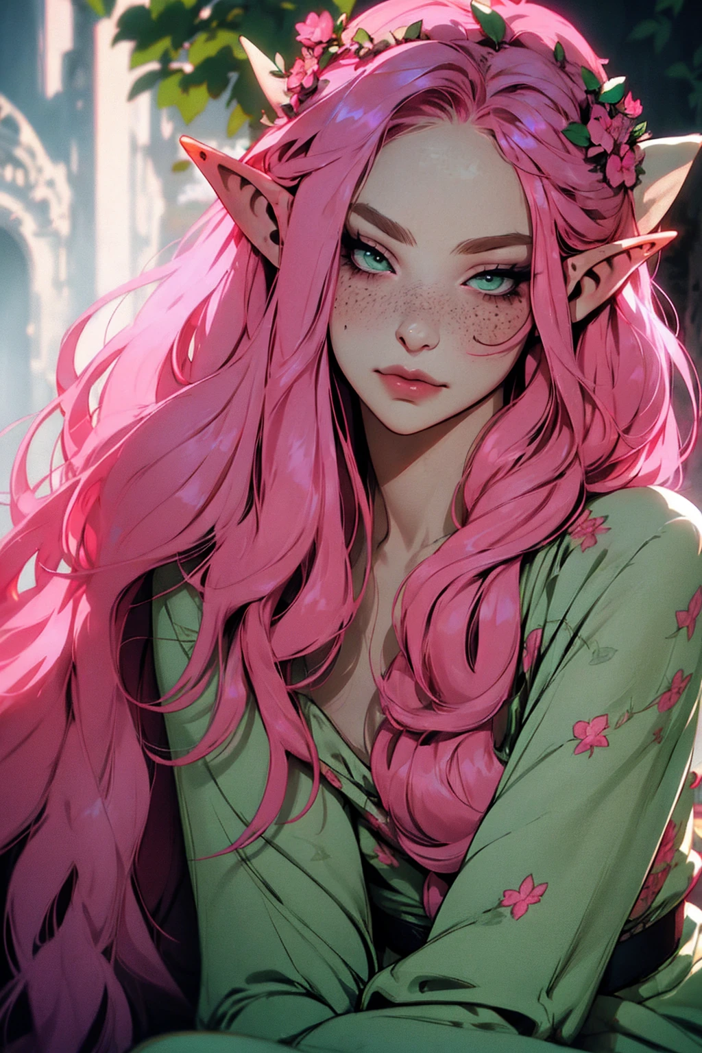 hyper-realistic of a mysterious woman with flowing pink hair, ears of elf, freckles, piercing green eyes, and a delicate floral crown, delicate smile, upper body, dinamic poses