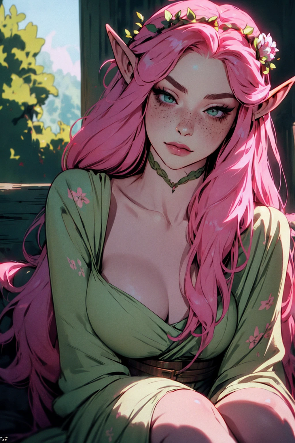 hyper-realistic of a mysterious woman with flowing pink hair, ears of elf, freckles, piercing green eyes, and a delicate floral crown, delicate smile, upper body, dinamic poses,sitting
