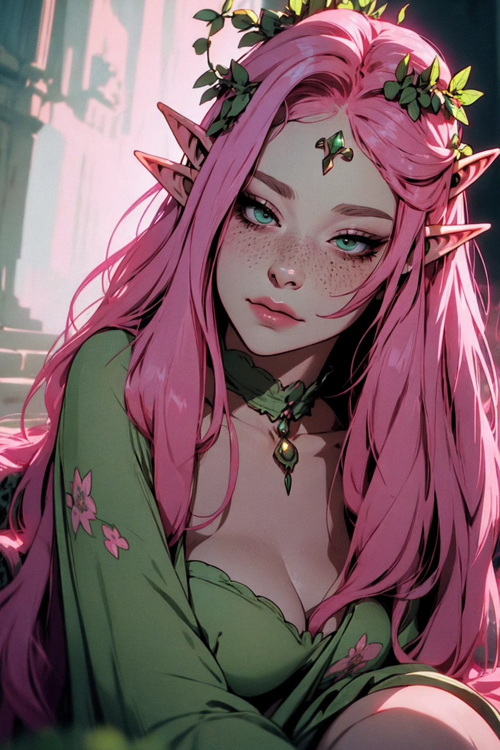 hyper-realistic of a mysterious woman with flowing pink hair, ears of elf, freckles, piercing green eyes, and a delicate floral crown, delicate smile, upper body, dinamic poses,sitting