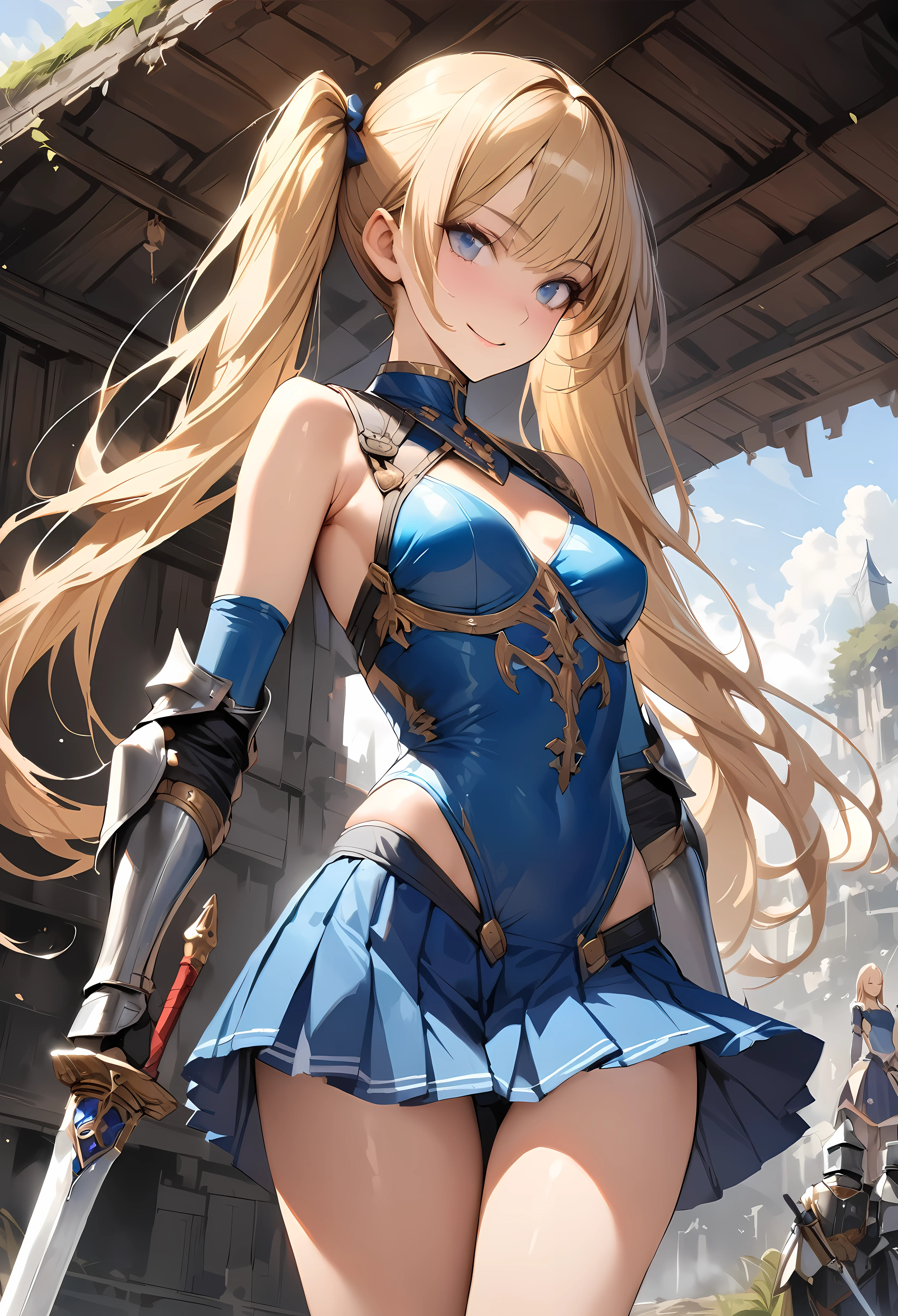 ((masterpiece,Highest quality:1.3,best quality illustration)),realistic,cowboy shot,1woman,female knight、(25 year old beauty),((very small head:1.4)),((ideal ratio body proportions:1.3)),blonde hair,twin tails,straight long hair,bangs,gorgeous eyes,Blue eyes,smile,(knight armor、Large sword、Blue pleated mini skirt),((slender body,skinny)),small breasts,gleaming skin,shiny skin,grassland、battlefield、Sword and sorcery fantasy world、