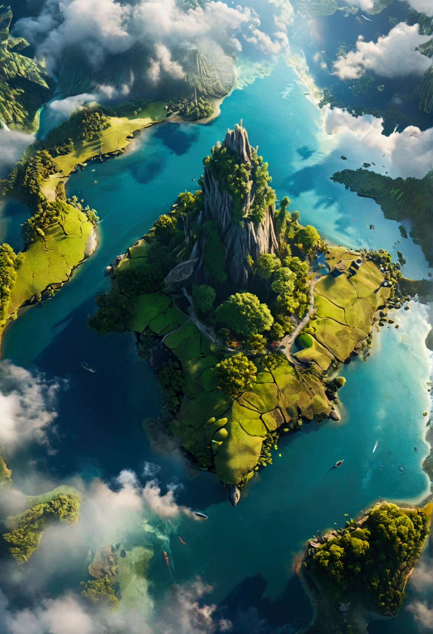 Giant Island, island inside a lake, the lake have a island, kingdom,view from above, detailed, high quality 